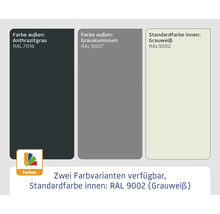 Available colors: exterior anthracite gray RAL 7016, exterior gray aluminum RAL 9007, standard interior color gray white RAL 9002