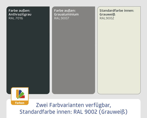 Available colors: exterior anthracite gray RAL 7016, exterior gray aluminum RAL 9007, standard interior color gray white RAL 9002