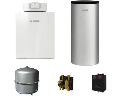 Bosch Heizungsanlage mit Warmwasserspeicher, Ausdehnungsgefäß, Anschlusszubehör und hydraulischer Weiche