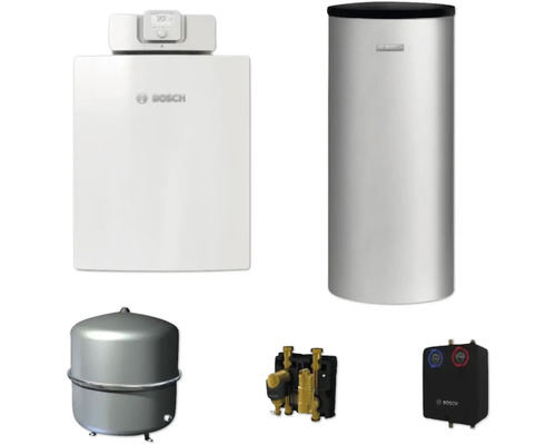 Heizungsanlage mit Heizkessel, Warmwasserspeicher, Ausdehnungsgefäß und Montagezubehör