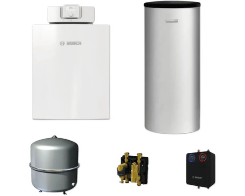 Abbildung einer Heizungsanlage mit Heizkessel, Warmwasserspeicher, Ausdehnungsgefäß und Zubehör