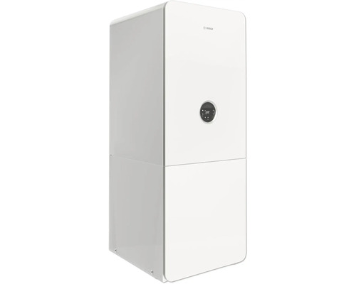 Weiße Gasheizung mit digitaler Anzeige und Bosch Logo