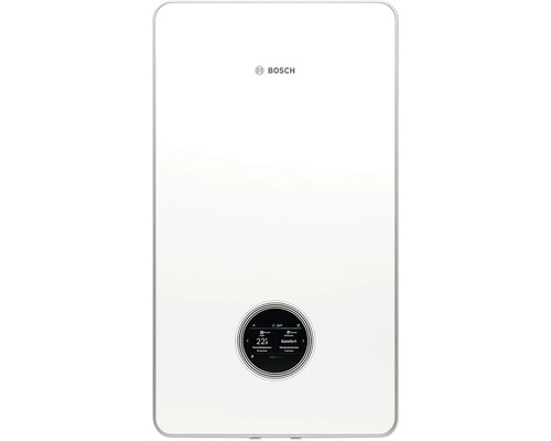 Bosch Logo über einem weißen Heizgerät mit digitalem Display.