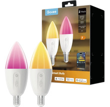 Govee Logo. Zwei intelligente E14-Glühbirnen in Gelb und Pink mit Verpackung.