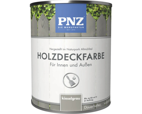 Holzdeckfarbe, geeignet für Innen und Außen, Farbton Kieselgrau, PNZ Logo