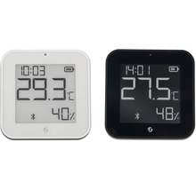 Digitales Thermo-Hygrometer in Weiß und Schwarz mit Anzeige für Temperatur, Luftfeuchtigkeit, Uhrzeit, Batteriestand und Bluetooth.