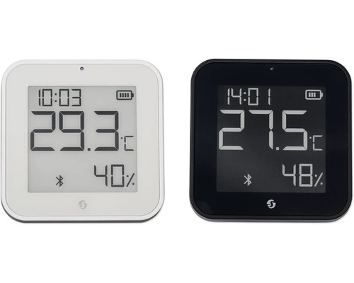 Digitales Thermo-Hygrometer in Weiß und Schwarz mit Anzeige für Temperatur, Luftfeuchtigkeit, Uhrzeit, Batteriestand und Bluetooth.