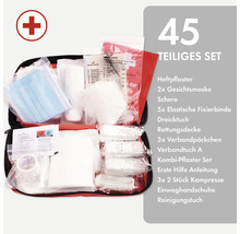 Erste Hilfe Set mit 45 Teilen einschließlich Heftpflaster, Gesichtsmasken, Schere und elastischen Fixierbinden.