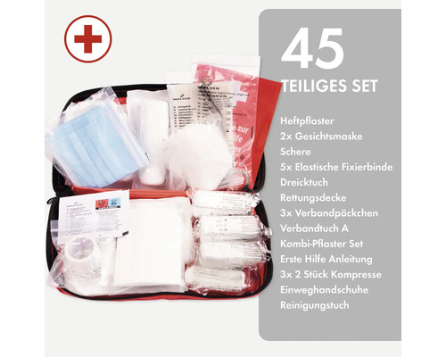 Erste Hilfe Set mit 45 Teilen einschließlich Heftpflaster, Gesichtsmasken, Schere und elastischen Fixierbinden.
