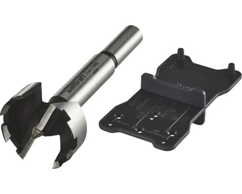 Wolfcraft Forstnerbohrer mit 35 Millimeter Durchmesser und eine schwarze Markierungsschablone für Topfbandscharniere.