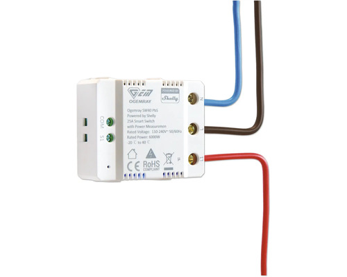 Ogemray SW40 PbS Smart Switch mit Strommessung, 25 Ampere, 6000 Watt, powered by Shelly, minus 20 bis 40 Grad Celsius.
