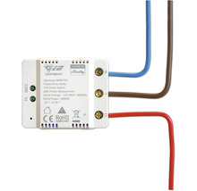 Ogemray SW40 PbS Smart Switch powered by Shelly mit Strommessung, 25 Ampere, 110 bis 240 Volt, mit angeschlossenen Kabeln.