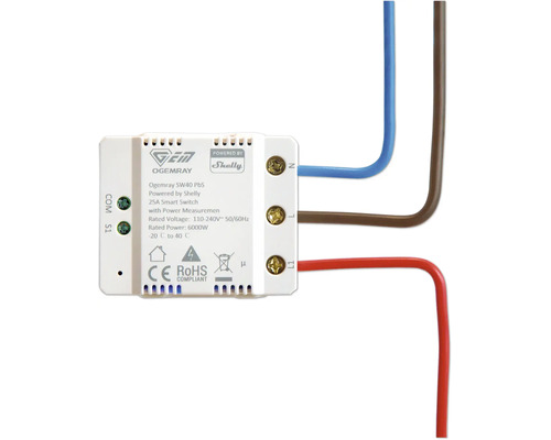 Ogemray SW40 PbS Smart Switch powered by Shelly mit Strommessung, 25 Ampere, 110 bis 240 Volt, mit angeschlossenen Kabeln.