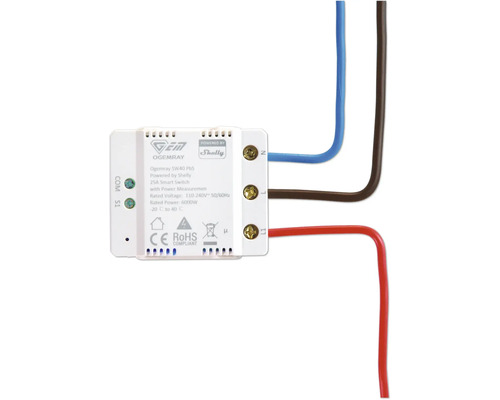 Ogemray SW40 PbS Smart Switch mit Leistungsmessung, 25 Ampere, angeschlossen an drei Drähte bei den Anschlüssen N, L und L1.