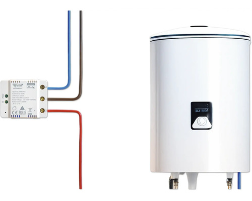 Weißer Warmwasserspeicher mit einem Smart-Controller und Anschlusskabeln zur intelligenten Steuerung.