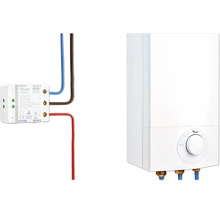 Shelly Smart Home Schalter angeschlossen an einen Warmwasserspeicher zur intelligenten Hausautomation.