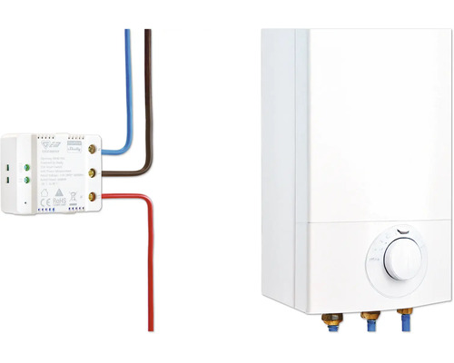 Shelly Smart Home Schalter angeschlossen an einen Warmwasserspeicher zur intelligenten Hausautomation.
