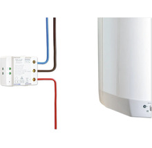 Shelly-betriebenes Ogemray-Smart-Relais-Modul, das mit Kabeln an ein Elektrogerät angeschlossen ist.