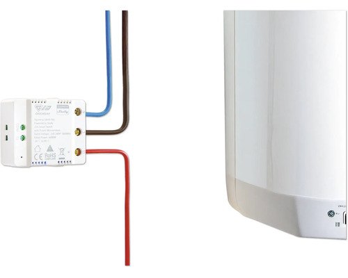 Shelly-betriebenes Ogemray-Smart-Relais-Modul, das mit Kabeln an ein Elektrogerät angeschlossen ist.