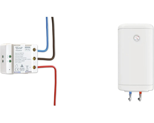 Ogemray Smart Home Schalter mit Verkabelung verbunden mit einem elektrischen Warmwasserspeicher zur intelligenten Steuerung.