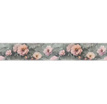 Tapetenbordüre mit floralem Muster aus rosa Blüten und grauen Blättern.