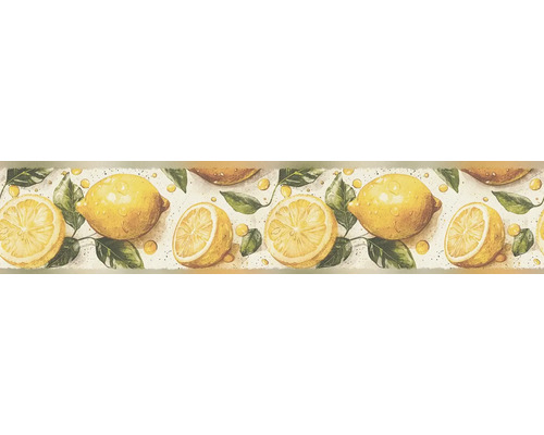 Tapetenbordüre mit Zitronenmotiv, ganze und halbierte gelbe Zitronen mit grünen Blättern.