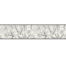Tapetenbordüre mit schwarz-weißem Dschungel-Muster und detailreichen Pflanzen-Skizzen wie Monstera und Farnen.