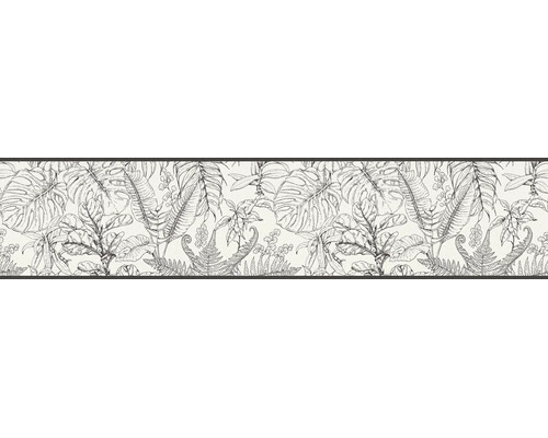Tapetenbordüre mit schwarz-weißem Dschungel-Muster und detailreichen Pflanzen-Skizzen wie Monstera und Farnen.