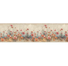 Tapetenbordüre mit Mohnblumen und Wildblumen in Rot und Orange im Aquarellstil.