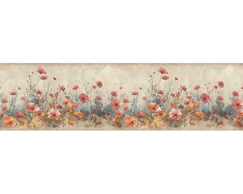 Tapetenbordüre mit Mohnblumen und Wildblumen in Rot und Orange im Aquarellstil.