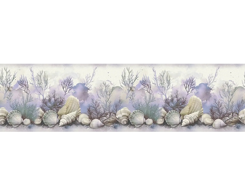 Tapetenbordüre mit verschiedenen Muscheln und Korallen im Aquarellstil.
