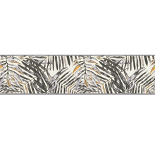 Tapetenborte mit tropischem Palmenblattmuster in Grau und Gold.