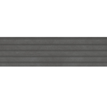 Dunkelgraue Wandfliese mit horizontaler Rillenstruktur in Betonoptik.