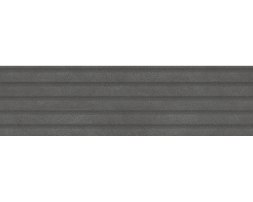 Dunkelgraue Wandfliese mit horizontaler Rillenstruktur in Betonoptik.