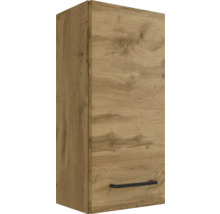 Hängeschrank in Eichenoptik mit einem schwarzen horizontalen Griff im unteren Bereich.