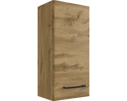Hängeschrank in Eichenoptik mit einem schwarzen horizontalen Griff im unteren Bereich.