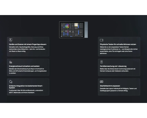 Shelly Wall Display mit Funktionen zur Steuerung von Szenen, Energieverbrauch, Smart Home Integration, physischen Tasten und App-Steuerung.