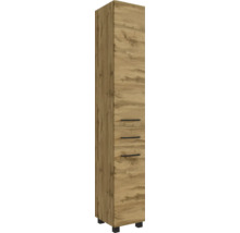 Hochschrank in Eiche-Optik mit drei schwarzen Griffen und schwarzen Füßen.
