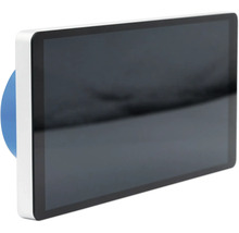Rechteckiges Smart-Home-Bedienpanel mit weißem Rahmen und schwarzem Display.