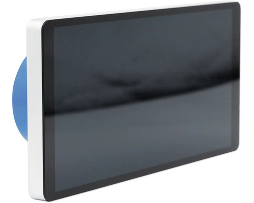 Rechteckiges Smart-Home-Bedienpanel mit weißem Rahmen und schwarzem Display.
