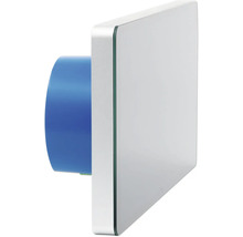 Quadratischer Glas-Touch-Schalter in Seitenansicht mit blauem Gehäuse.