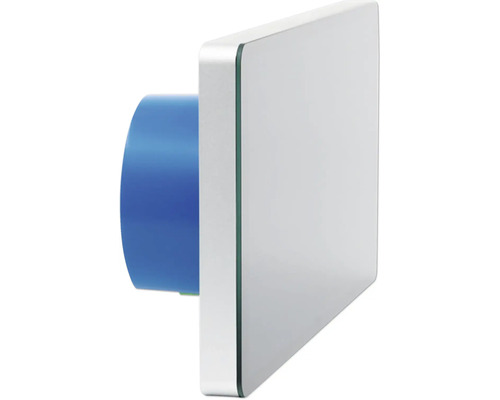 Quadratischer Glas-Touch-Schalter in Seitenansicht mit blauem Gehäuse.