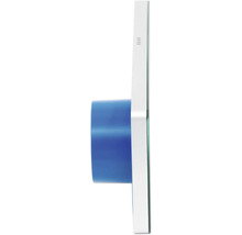 Seitenansicht eines Wandthermostats mit blauem Gehäuse und weißer Frontplatte.