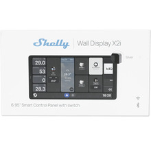 Shelly Logo, Shelly Wall Display X2i, 6,95 Zoll smartes Bedienfeld mit Schalter, Silber, Anzeige von Temperatur und Luftfeuchtigkeit.