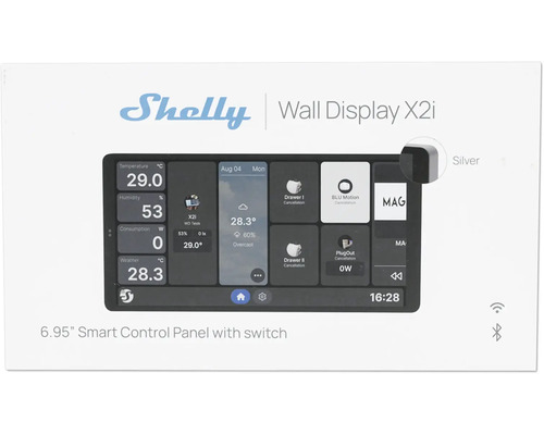 Shelly Logo, Shelly Wall Display X2i, 6,95 Zoll smartes Bedienfeld mit Schalter, Silber, Anzeige von Temperatur und Luftfeuchtigkeit.