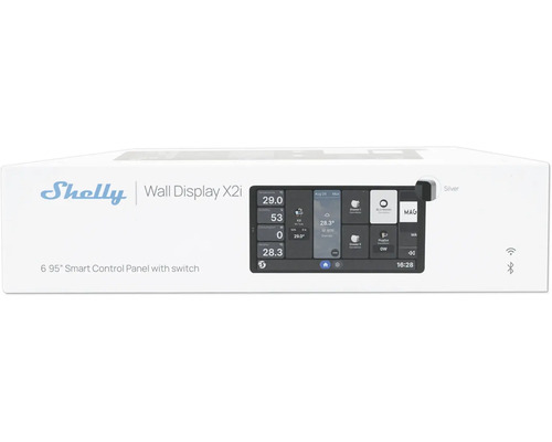 Shelly Logo, Shelly Wall Display X2i Verpackung, Smart Control Panel mit Schalter, 6,95 Zoll Display, WLAN und Bluetooth.