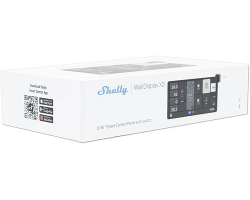 Verpackung des Shelly Wall Display X2i, ein 6,95 Zoll Smart Home Bedienpanel mit Schalter.