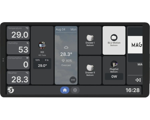 Smart Home Dashboard auf einem Tablet-Bildschirm mit Anzeigen für Temperatur, Wetter, Stromverbrauch und Gerätesteuerung.