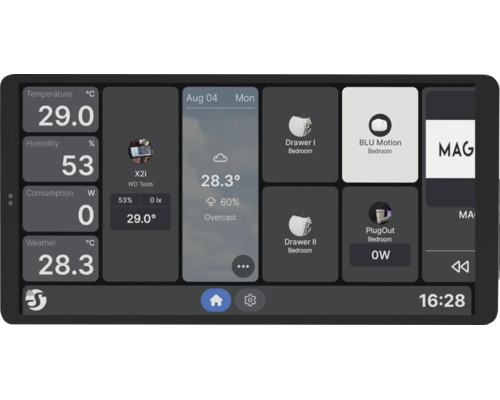 Smart Home Kontrollpanel mit Anzeige von Temperatur in Grad Celsius, Luftfeuchtigkeit in Prozent, Energieverbrauch in Watt und Gerätestatus.