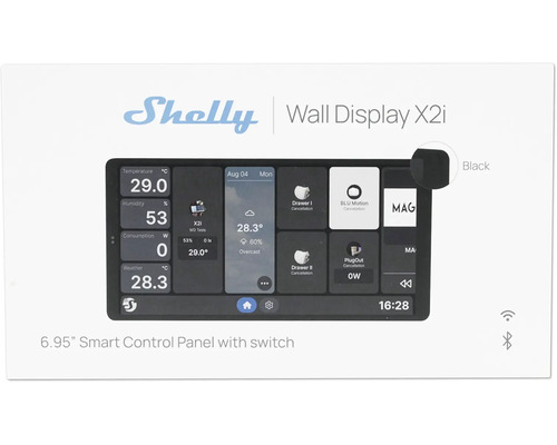 Shelly Logo, Shelly Wall Display X2i, Smart Home Steuerungspanel mit 6.95 Zoll Display und integriertem Schalter.